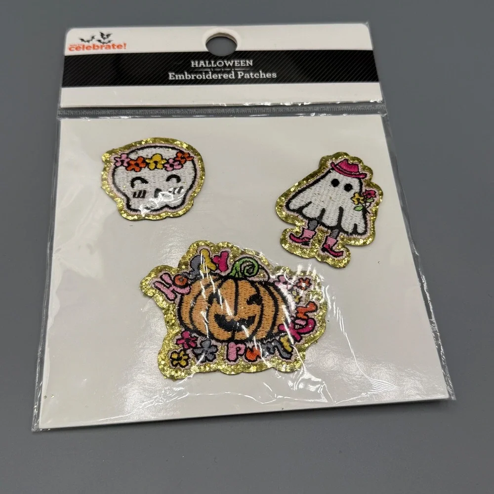 Way To Celebrate Halloween Embroidered Patches 3pk Skull Ghost‎ Pumpkin Glitter